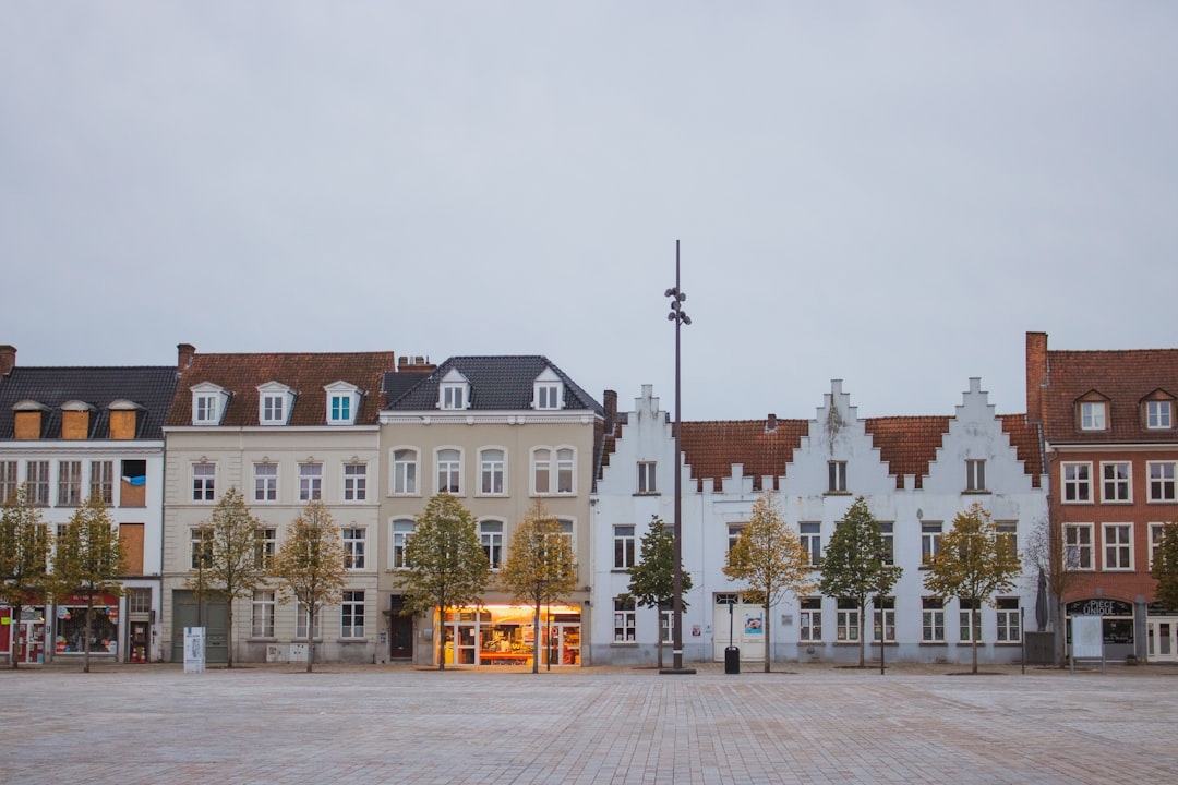 Bruges cityscape with historic hotel exterior